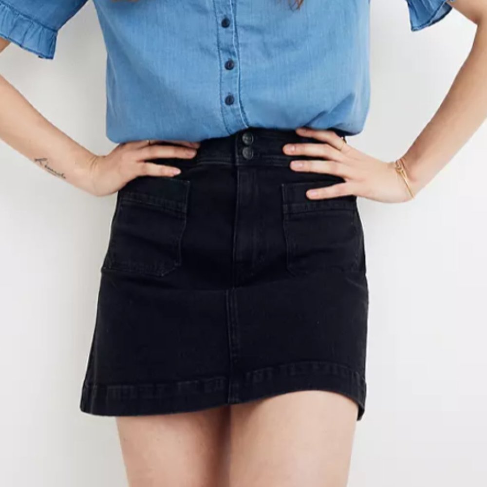 Stretch Denim A-line Mini Skirt in Black Frost